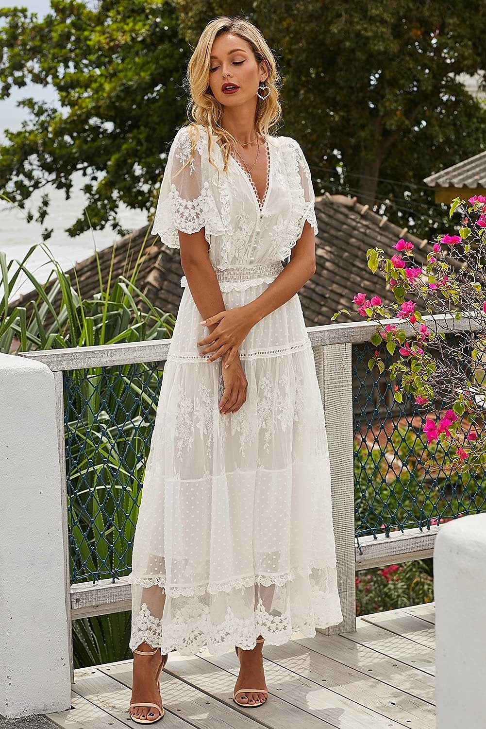 Women's Maxi long Dress White Dress Lace Dress Holiday Dress Swing Dress Elegant Romantic Boho Vacation Holiday Date Regular Fit Pure Color Short Sleeve V Neck White Summer Spring 2025 - $51.99 –P5