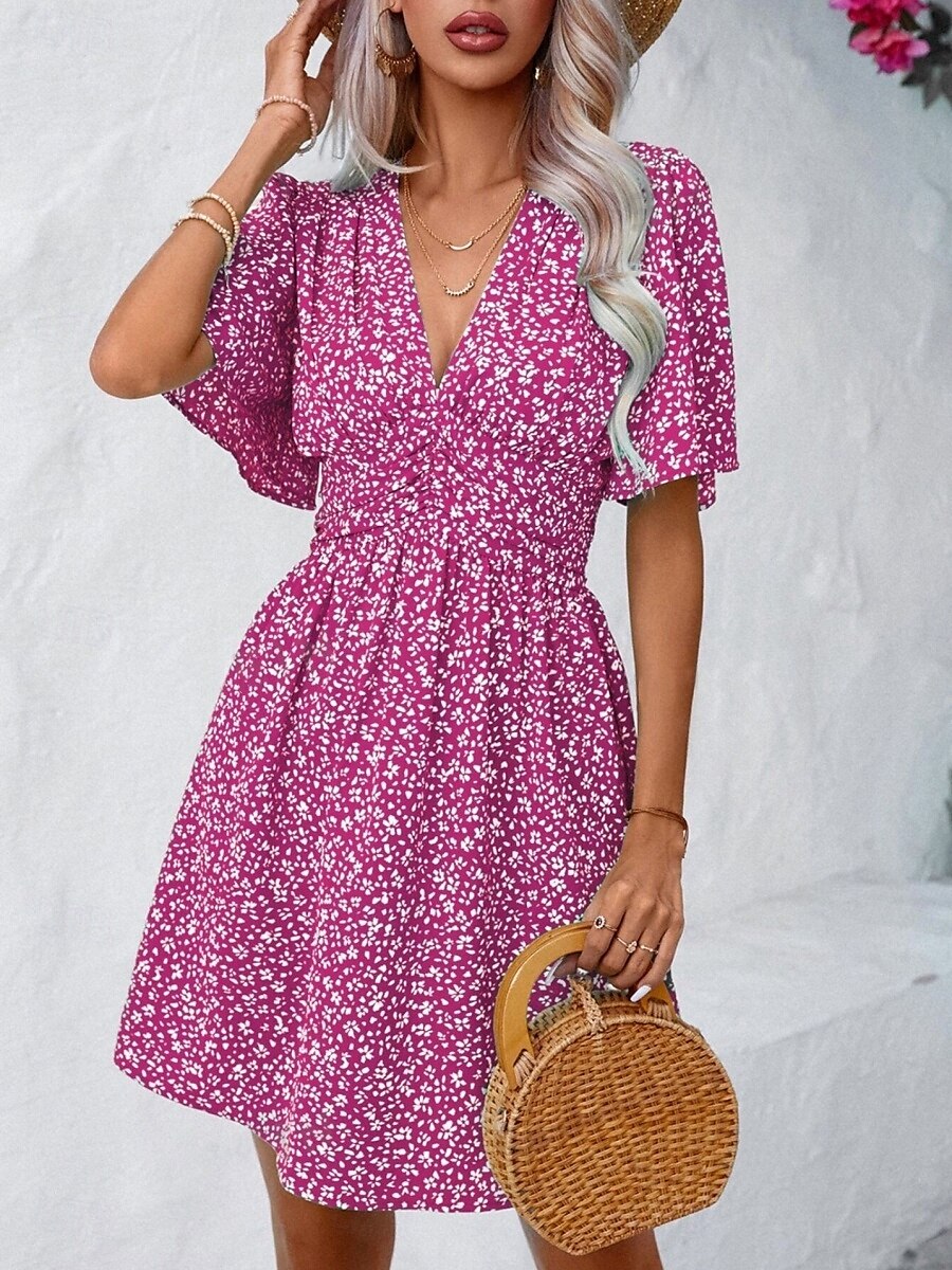 Damskie Sukienka mini Sukienka A line Codzienny Na zewnątrz Wyjściowe Luźny / a Kwiaty Krótki rękaw W serek Czarny Rumiany róż Niebieski Fioletowy Lato 2025 - $31.99 –P15
