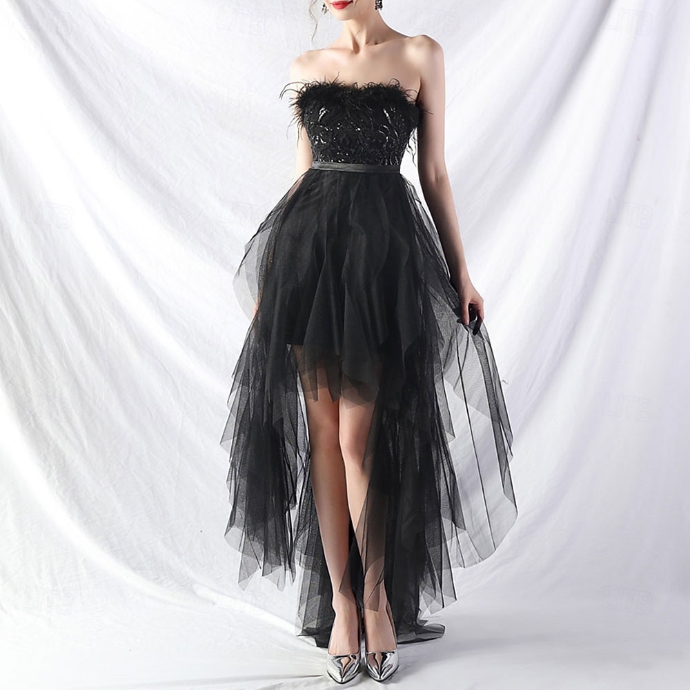 A-Line Quinceanera Dresses Elegant Dress Formal Wedding Asymmetrical Sleeveless Strapless Tulle Backless with Feather Embroidery 2025 - $84.99 –P22