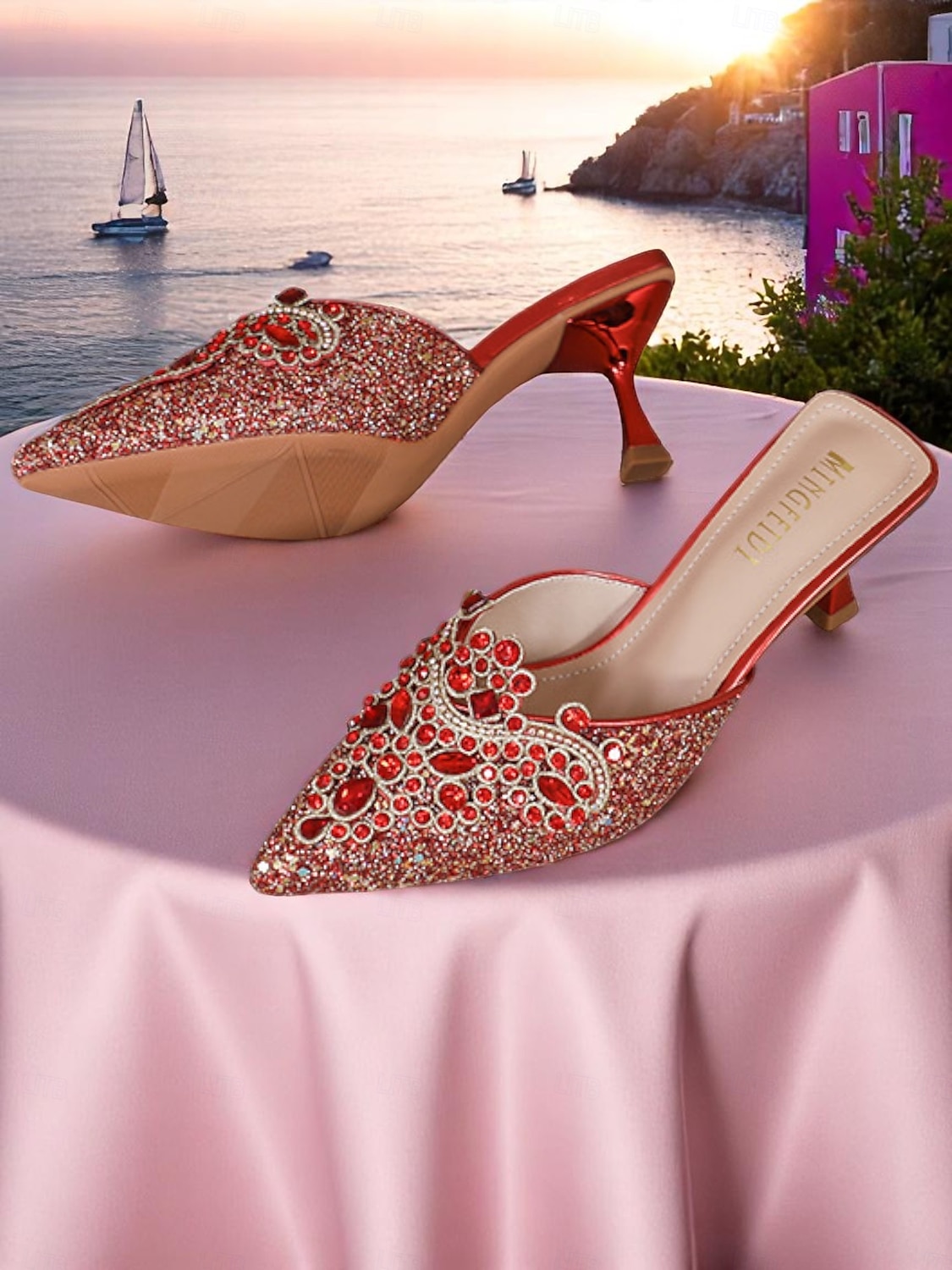 Damen-Pantoletten mit goldenen Pailletten – spitze Schlupfschuhe mit Strass-Details für glamouröse Cocktail-Events 2025 - $42.99 –P5