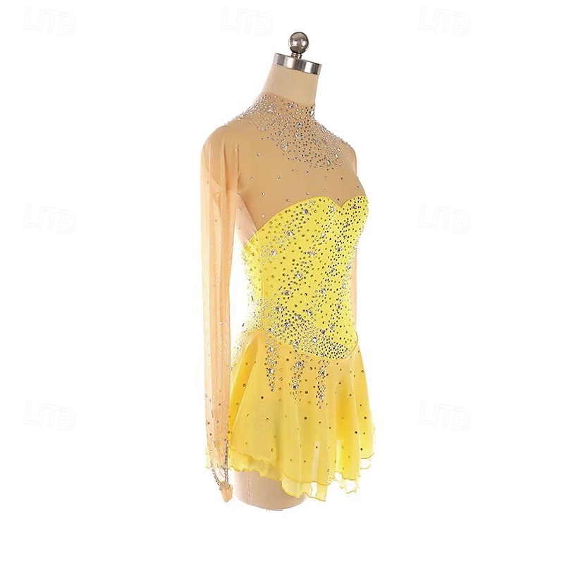Figure Skating Dress Women's Girls' Ice Skating Dress Yellow Patchwork Thumbhole Mesh Spandex Stretchy Training Practice Professional Skating Wear Thermal Warm Crystal / Rhinestone Long Sleeve Ice 2025 - $166.99 –P3