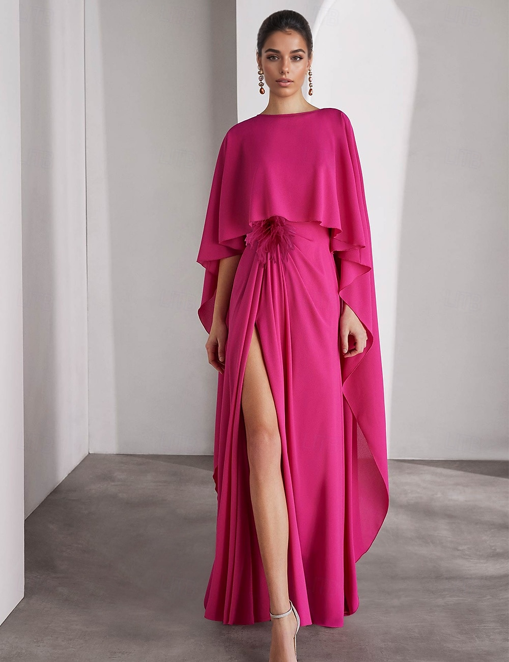 Vestido de noite elegante, cor-de-rosa e azul, com corte A, comprimento até o chão, manga curta, gola redonda, chiffon com xale de penas, 2025 de 2025 por $129.99 –P1
