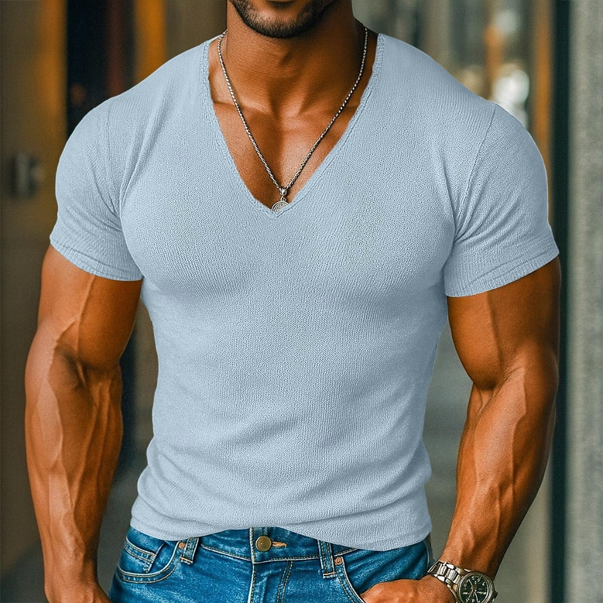 Men's T Shirt Knit Tee Tee Top Short Sleeve V Neck Summer Solid Color Fashion Designer Basic Knitted Vacation Street Casual Light Blue Yellow Beige Top Tee for Men 2025 - $17.99 –P4