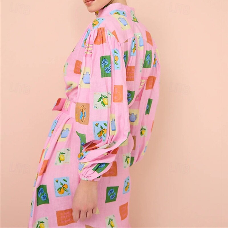 Per donna Abito Lungo Maxi Abito Abiti in cotone e lino Vestito Casual Moda All'aperto Feste Ferie Vestibilità regolare Dipinto Manica Lunga Colletto a Camicia Rosa Estate del 2025 a $46.99 –P6