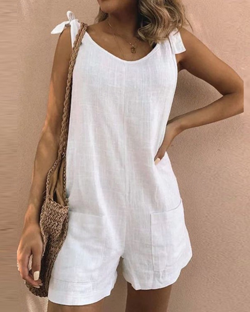 Women's Normal Cotton Linen Pants Streetwear Solid Color Sleeveless V Neck Pocket Street Daily Regular Fit White Yellow Army Green Summer 2025 - $26.99 –P2