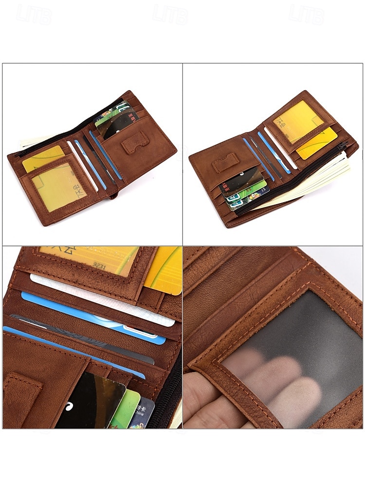мужской кошелек двойного сложения с блокировкой RFID и съемным держателем для карт – 100% высококачественная воловья кожа, органайзер для нескольких карт, классический коричневый стиль для ежедневного использования и идеальный подарок на День отца 2025 - $19.99 –P5