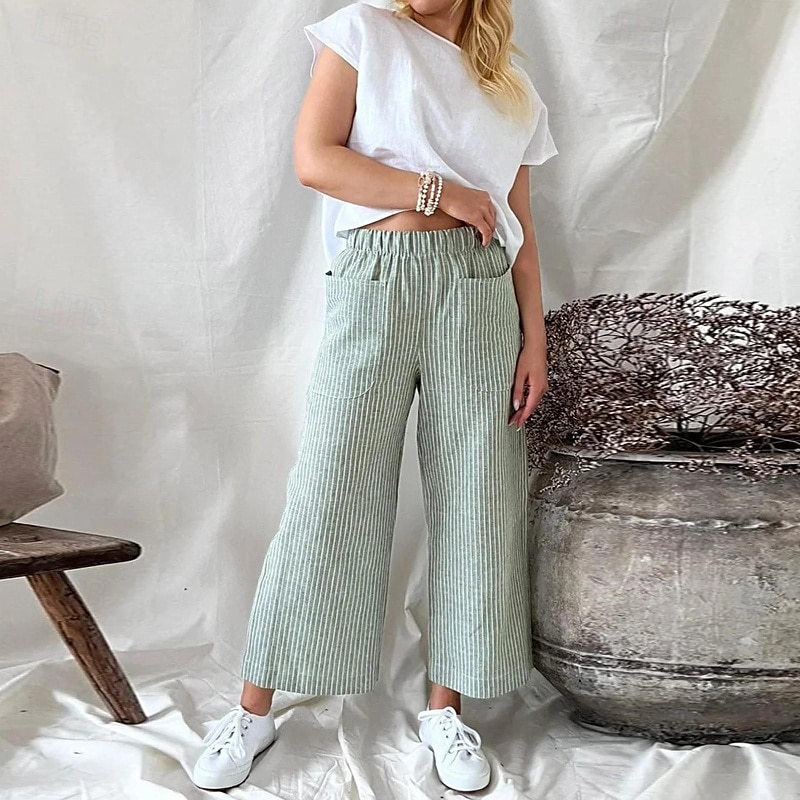 Per donna Pantaloni in cotone e lino Culotte Gamba Larga Pantaloni Eleganti Streetwear Casual Lunghezza intera Naturale A righe Tasca Elastico in vita Comodo Confortevole Streetwear Uscire Aalbicocca del 2025 a $28.99 –P6
