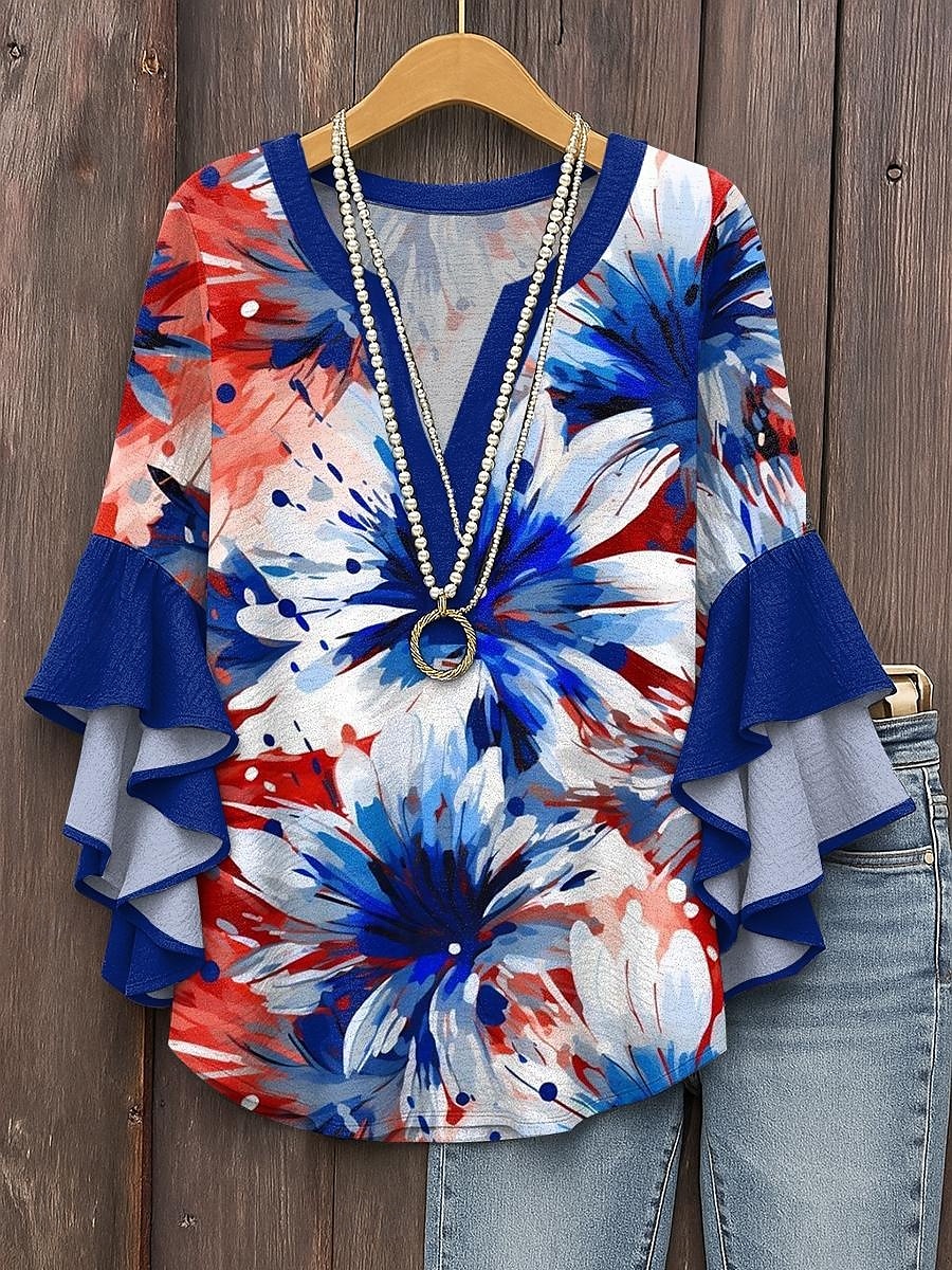 Women's Patriotic  Blouse Layered Ruffle Sleeve Tops Graphic Flag Bohemia Vintage Ethnic 3/4 Length Sleeve V Neck Tops Daily Holiday Vacation Wear Print Red Royal 2025 - $29.99 –P4