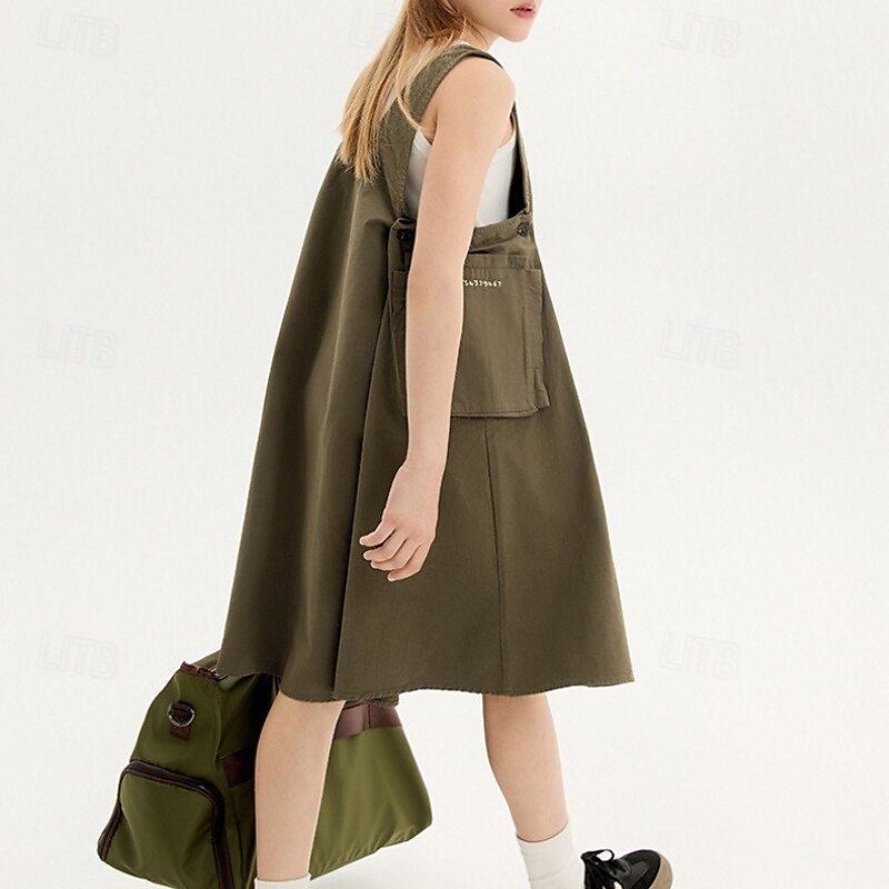 Kids Girls' Dress Solid Color Sleeveless Outdoor Pocket Adorable Basic Cotton Knee-length Casual Dress Bib Summer 4 years+ Brown 2025 - $84.99 –P5