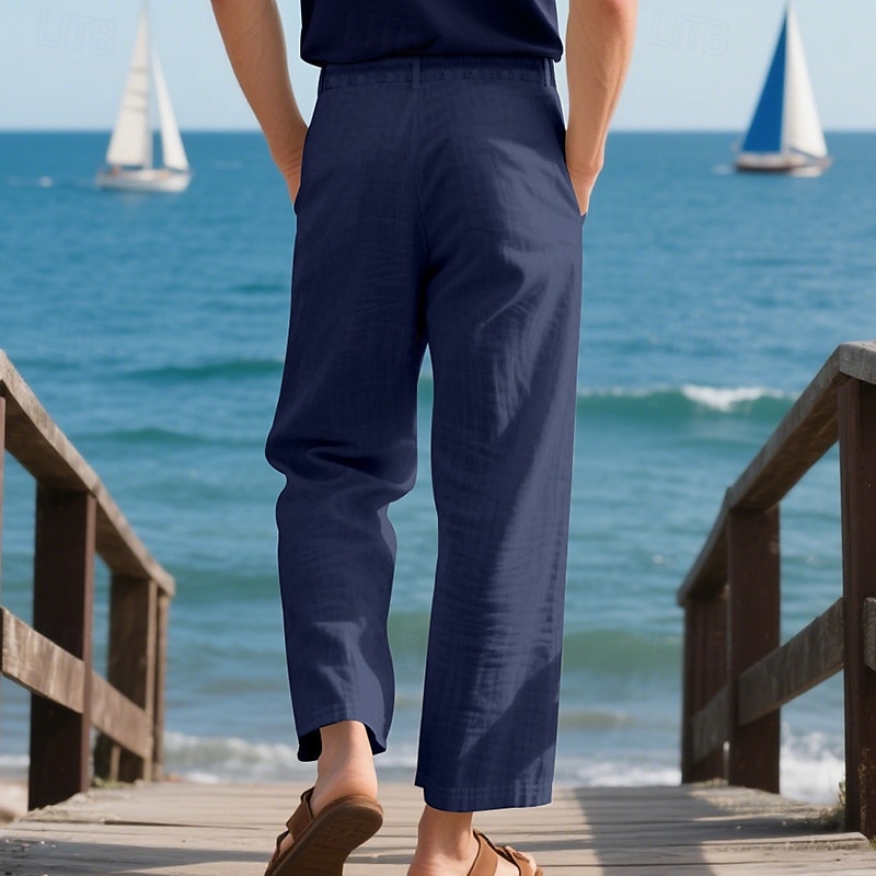Herr Linne Byxor Långbyxor Sommarbyxor Strandbyxor Ficka Snörning Elastisk midja Slät Komfort Andningsfunktion Semester Dagligen Helgdag Hawaiisk Boho Ljus kaki Svart 2025 - $22.99 –P9