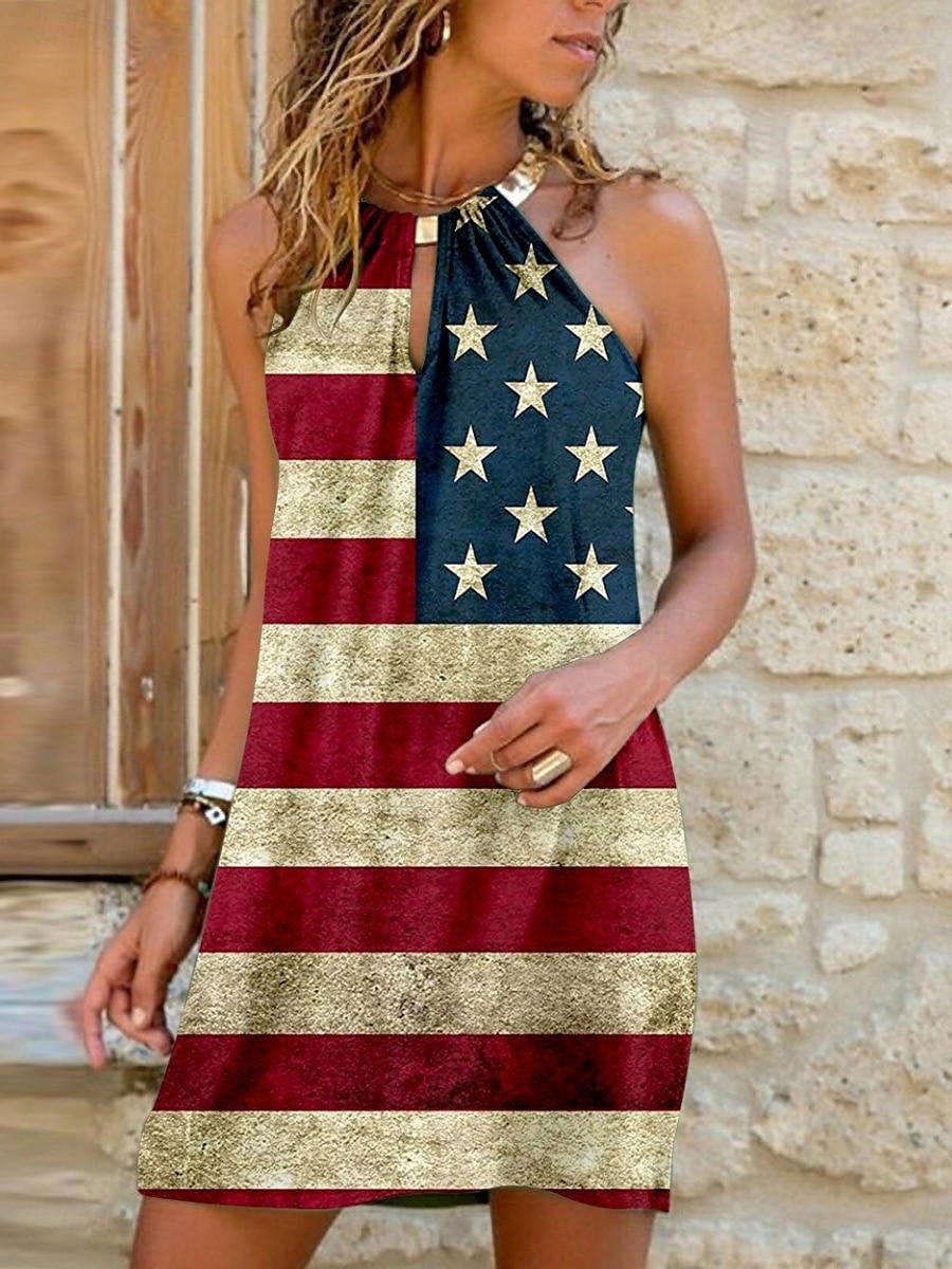 Frauen Patriotisches Mini Kleid Sommerkleid Halter Kleid Strapless Kleid Freizeit Täglich Reguläre Passform Flagge Ärmellos Halter Ausschnitt Weinrot Blau Sommer 2025 - $22.99 –P3