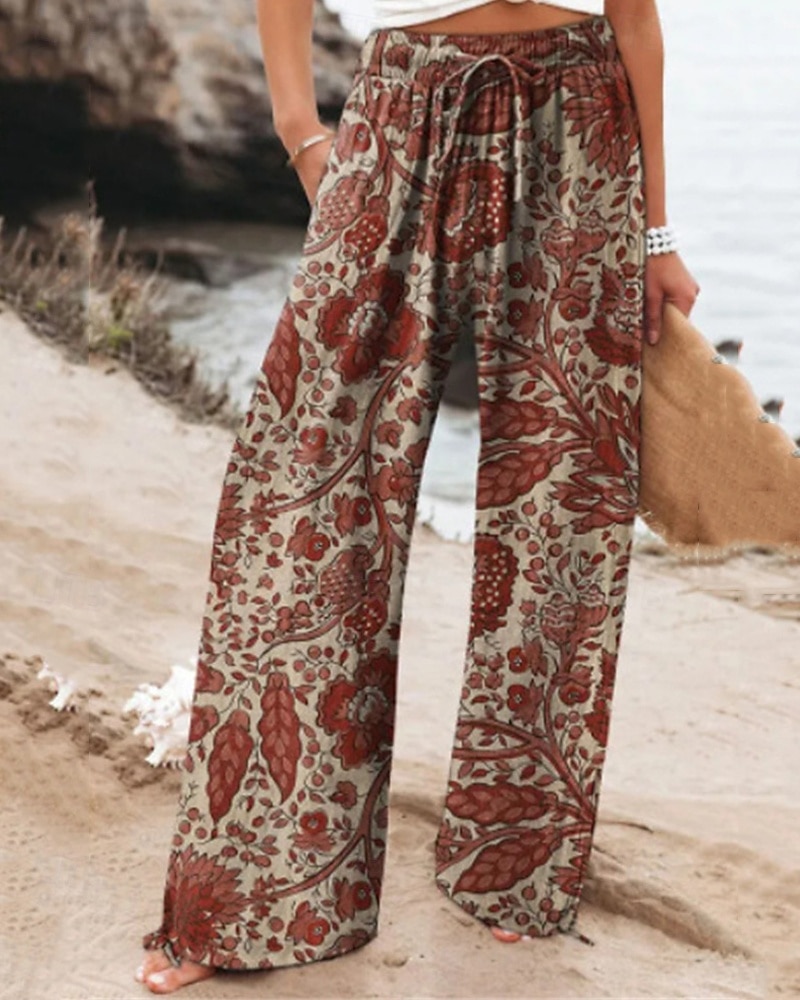 Per donna Pantaloni ispirati al lino Gamba larga Pantaloni Palazzo Moda Boho Lunghezza intera Vita Alta Fiore Elastico in vita Traspirante Confortevole Micro-elastico Streetwear Abbigliamento del 2025 a $27.99 –P1