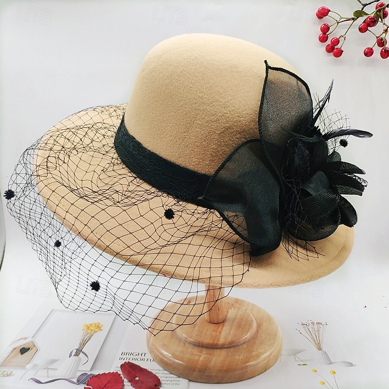Vintage Fedora Bucket Hat with Removable Mesh Flowers Feathers Elegant Ladies Bowler Hat Winter Warm Wide Brim Church Derby Hat for Wedding Race Banquet 2025 - $23.99 –P13