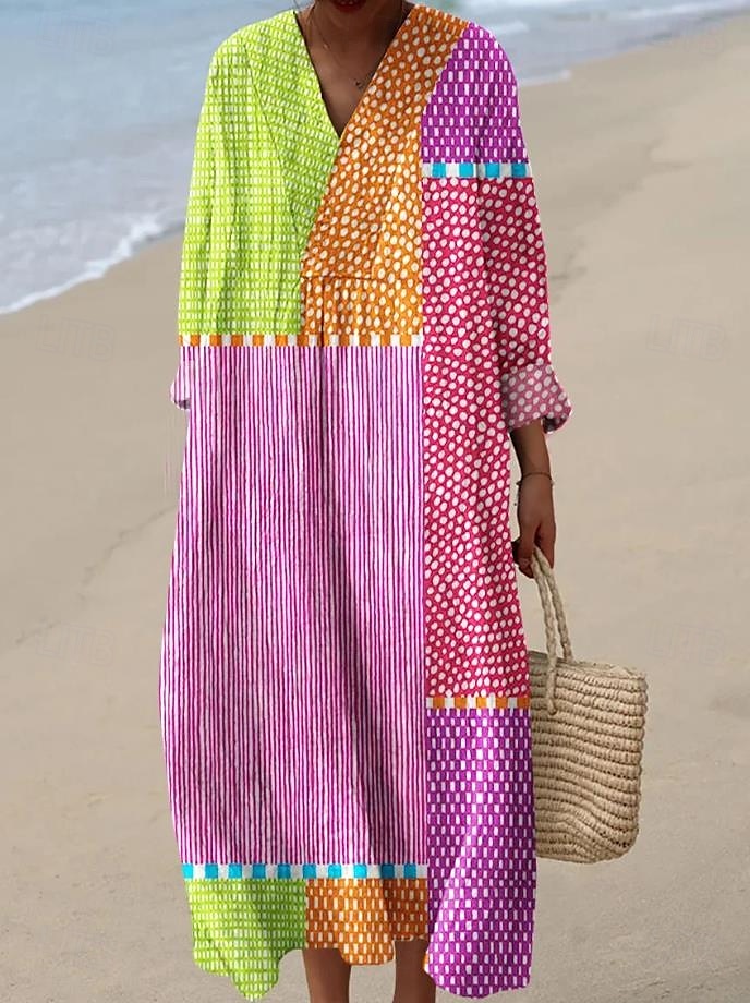 Femmes Robe Midi Robe d'Été Robe trapèze Vacances Occasionnel Boho Soirée Sortir Plage Graphique Géométrique Rayure manche longue Col en V Frêne Jaune Rose Claire Orange Été Printemps de 2025 ? $35.99 –P2