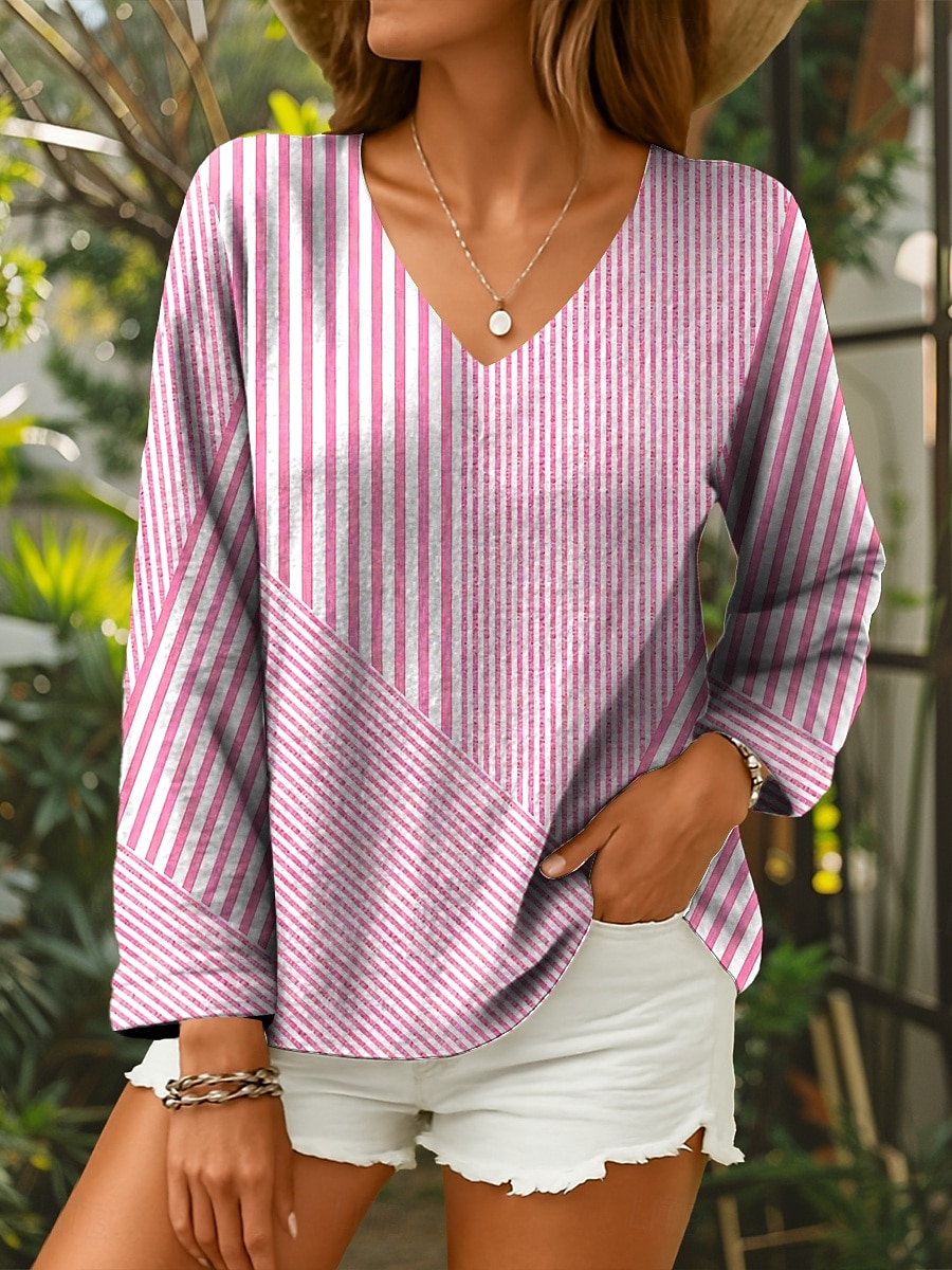 Dames Blouse Grafisch Geometrisch Gestreept Elegant Tropisch Dagelijks Lange mouw 3/4 mouw V-hals Normale tops Dagelijks Blozend Roze blauw Paars Groen Zomer Lente 2025 - $24.99 –P2