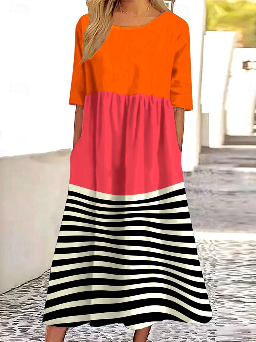 Per donna Abito Midi Abito a trapezio Abito Estivo Vacanza Casual Quotidiano Ferie Vestibilità comoda Grafico Geometrico A righe Mezza Manica Girocollo Rosso Estate del 2025 a $31.99 –P1