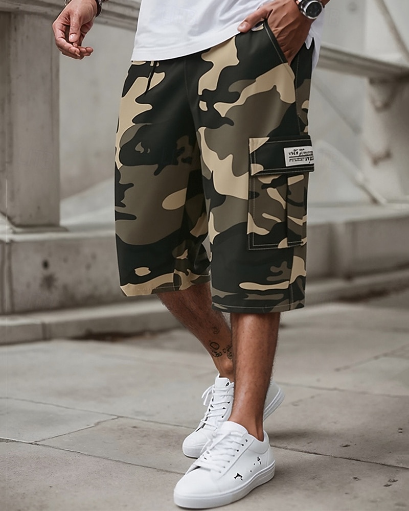 Herr Cargo-shorts Capribyxor Camo Shorts Sommarshorts Snörning Elastisk midja Flera fickor Kamuflasje Komfort Bärbar Vadlängd Utomhus Sport Dagligen Mode Ledigt Kaki Armégrön 2026 - $20.99 –P1