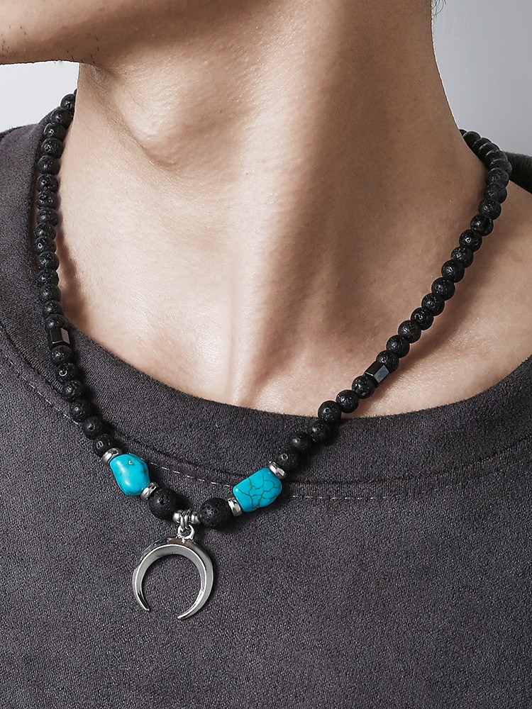 Men's Lava Rock Beaded Necklace with Turquoise and Crescent Moon Pendant - Boho Style, Adjustable Length, Unisex for Casual Wear, Outdoor and Daily Use 2025 - $9.99 –P1