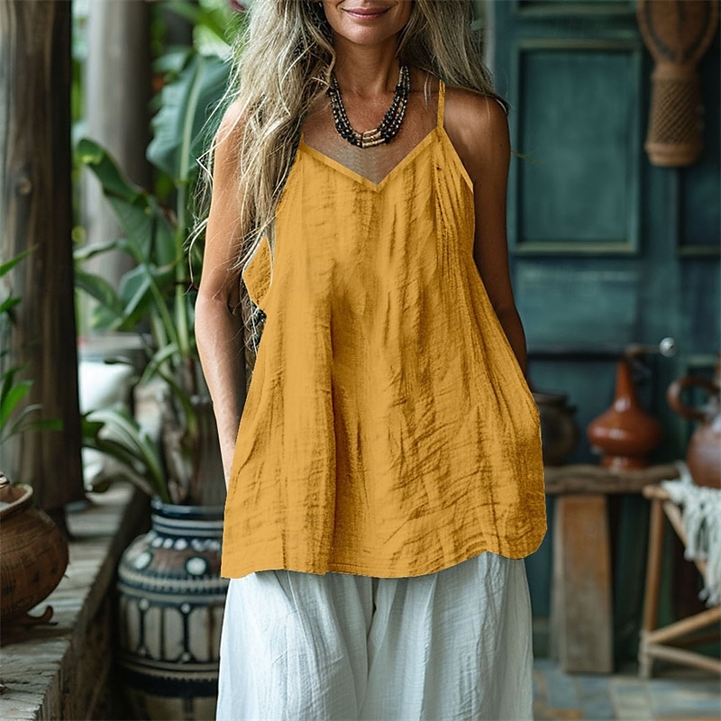 Mulheres Camisa Social Camisa de algodão e linho Camisola Regata Tecido Diário à moda Básico Sem Manga Com Alças ombro frio Tops regulares Trabalho Diário Feriado Preto Branco Amarelo Primavera Outono de 2025 por $24.99 –P1
