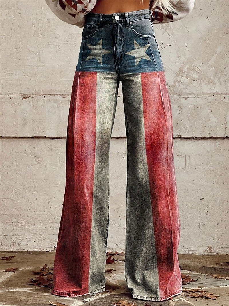 Retro Vintage 1970er Patriotisch Hose Hose mit weitem Bein Hippie Disco Hohe Taille Sterne USA Flagge Jeans-Imitat Kostüm Damen 4. Juli Mexikos Unabhängigkeitstag Musikfestival Alltagstauglich 2026 - $32.99 –P1