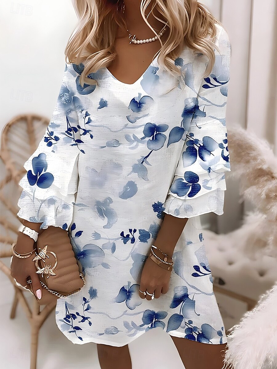 Robe mini pour femme, robe trapèze, robe d'été, robe bohème, soirée, coupe classique, volants superposés, manches 3/4, col en V, bleu clair, vert clair, violet, été de 2025 ? $46.99 –P1