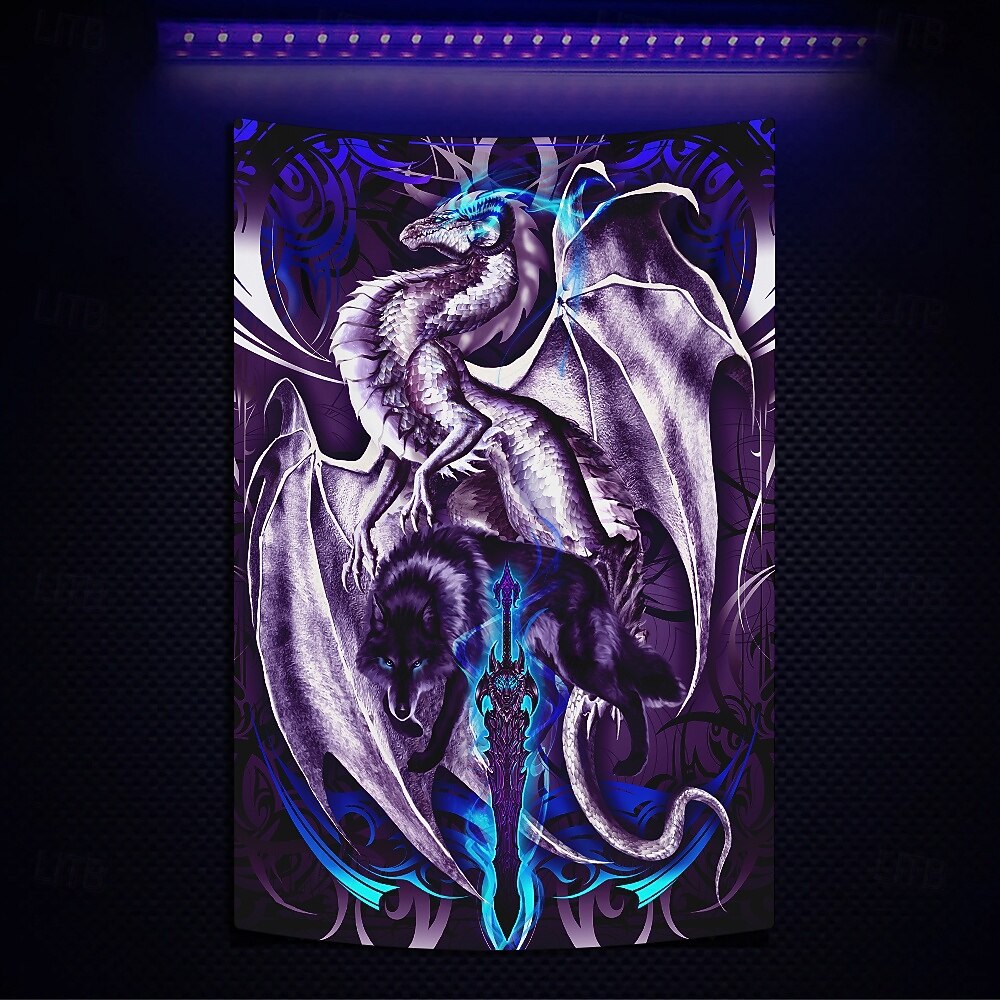 Ruth Thompson mustanvalokehys matto hohtoa pimeässä juhlan UV-herkkä trippy sumu riippuva matto seinätaide mural olohuoneeseen makuuhuoneeseen Dragonblade OMEGABLADE HIGH REZ 2025 - $16.99 –P1