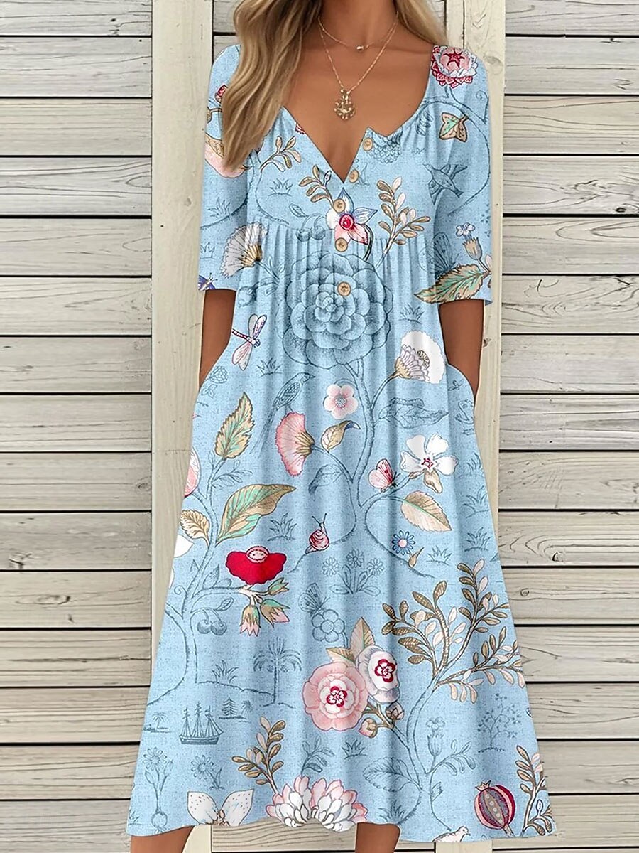 Women's Midi Dress Summer Dress Pleated Dress Vacation Casual Beach Holiday Regular Fit Floral Graphic Short Sleeve Crew Neck Blue Purple Orange Summer 2025 - $36.99 –P1