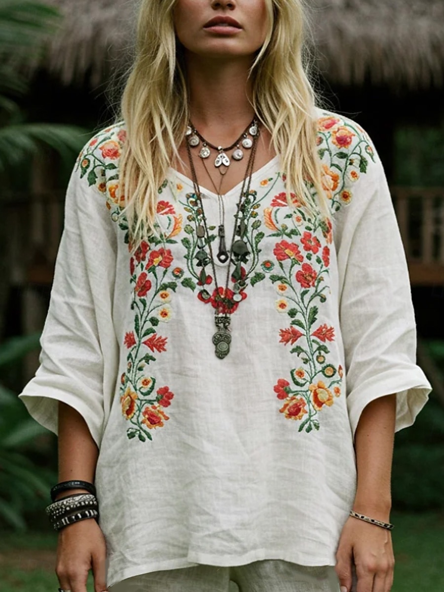 Dame Bluse Blomstret Grafisk Stilfull Fritid Langermet V-hals Vanlige topper Daglig Hvit Sommer Vår 2025 - $24.99 –P1