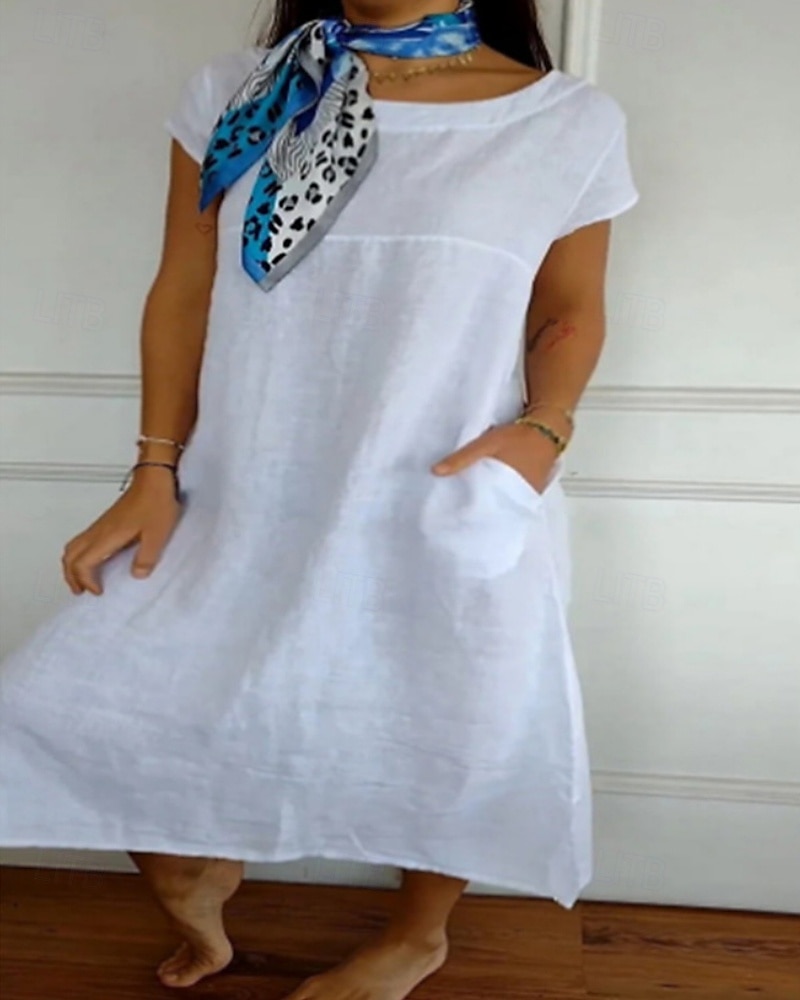 Per donna Abito Midi Vestito Casual Abito in cotone e lino Moda Classico All'aperto Ferie Uscire Vestibilità regolare Semplice Manica Corta Girocollo Nero Bianco Cachi Estate del 2025 a $32.99 –P1