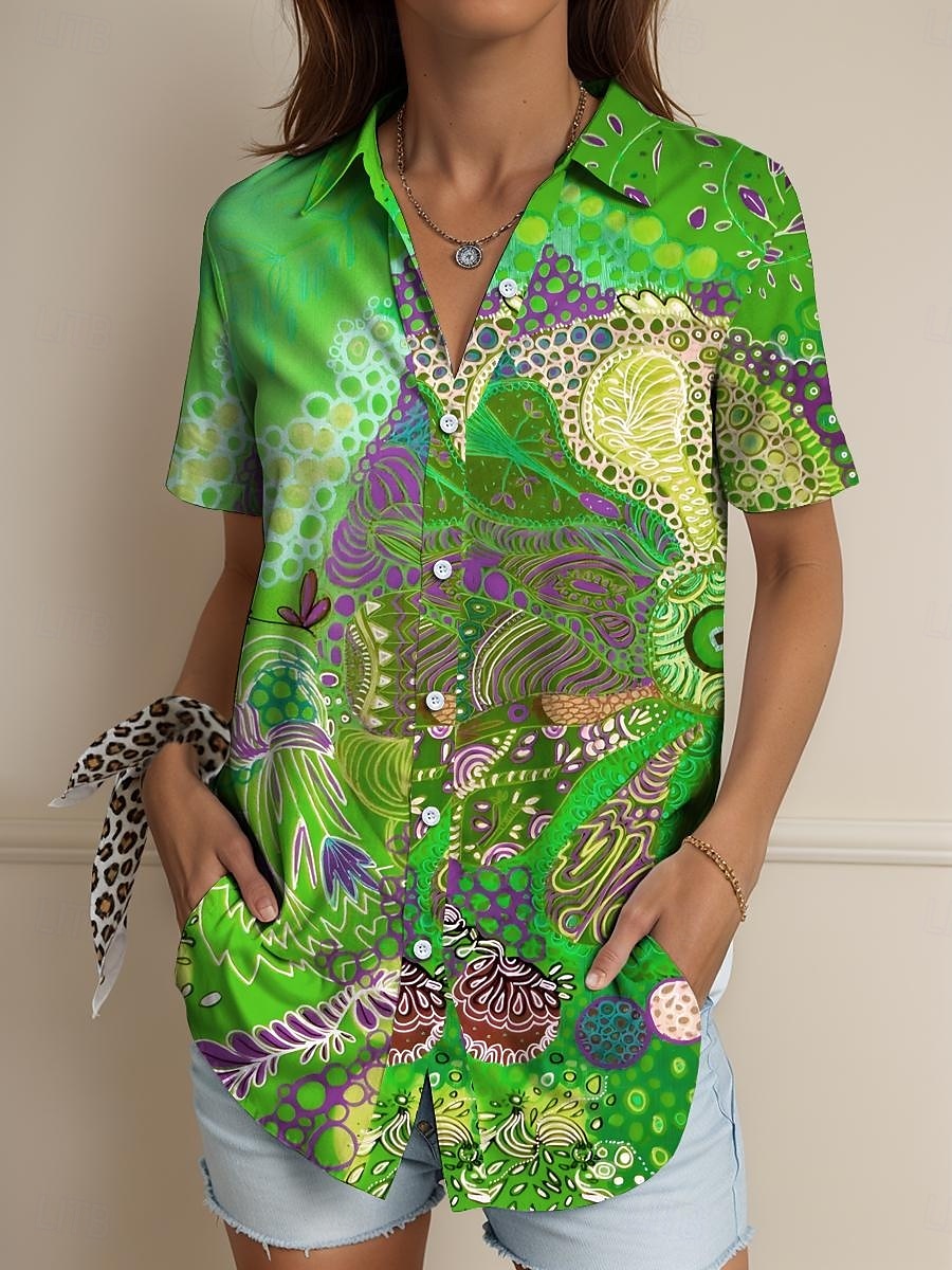 Femmes Chemise Graphique Géométrique Abstrait ancien Tropical Quotidien Manche Courte Col de chemise Hauts Réguliers Quotidien Rouge Bleu Violet Vert Été Printemps de 2025 ? $24.99 –P6