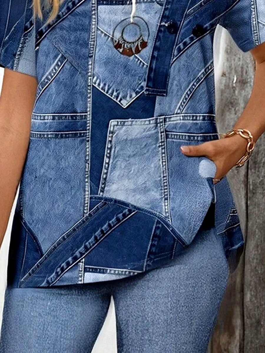 Femmes Mode Élégant T-shirt Ensembles de Shorts Manche Courte Col en V Graphique Géométrique 3D Patchwork Imprimé Décontracté Quotidien Noir Bleu Encre Bleu clair Été Coupe régulière de 2025 ? $29.99 –P3