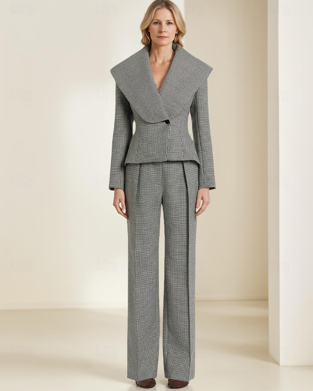 Houndstooth Plaid Pantsuit Two Piece Mother of the Bride Pantsuit Elegant Vintage Simple V Neck Floor Length Long Sleeve with Pleats 2025 - $199.99 –P1