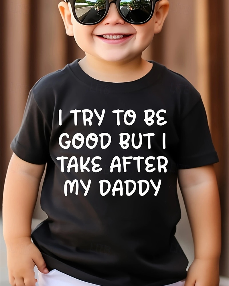 100% قطن أطفال للصبيان أسود حروف تي شيرت كنزات رقبة العمل كم قصير عطلة فضفاض مناسب للبس اليومي موضة تصميم رياضي طباعة الصيف 2025 - $13.99 –P1