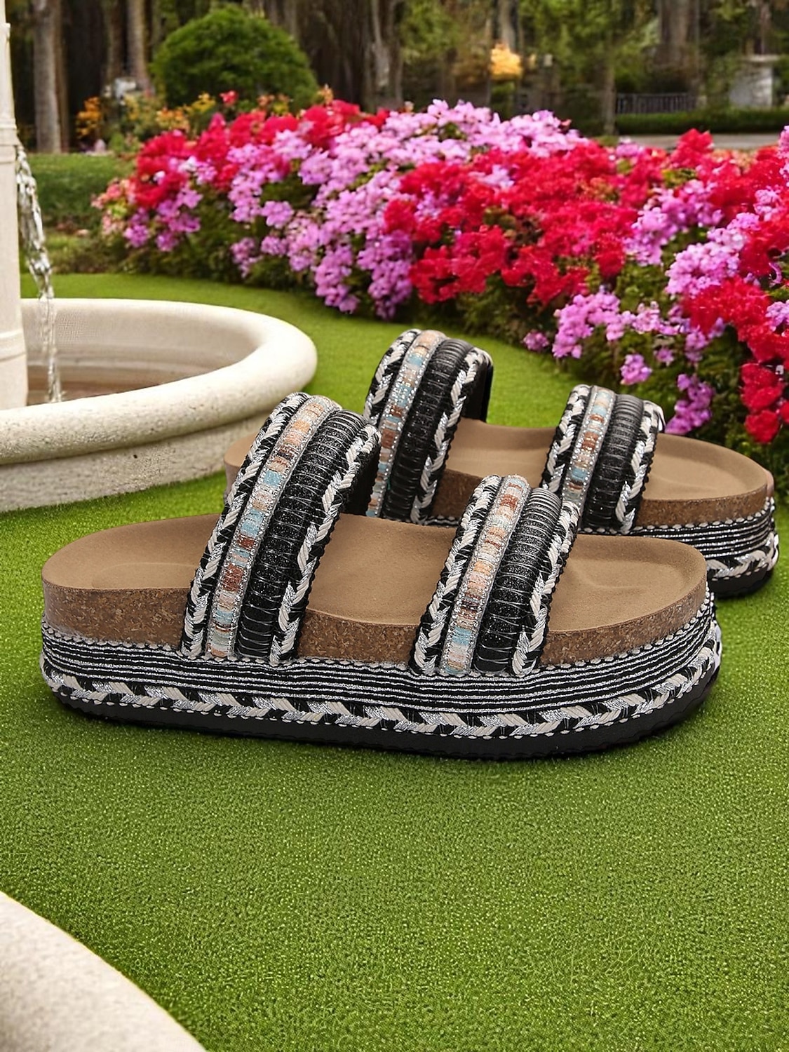 Damen-Sandalen im Boho-Stil in Blau mit Webmuster – Plateau-Slipper im Ethno-Stil für Strandurlaube und lässige Sommeroutfits 2026 - $26.99 –P5