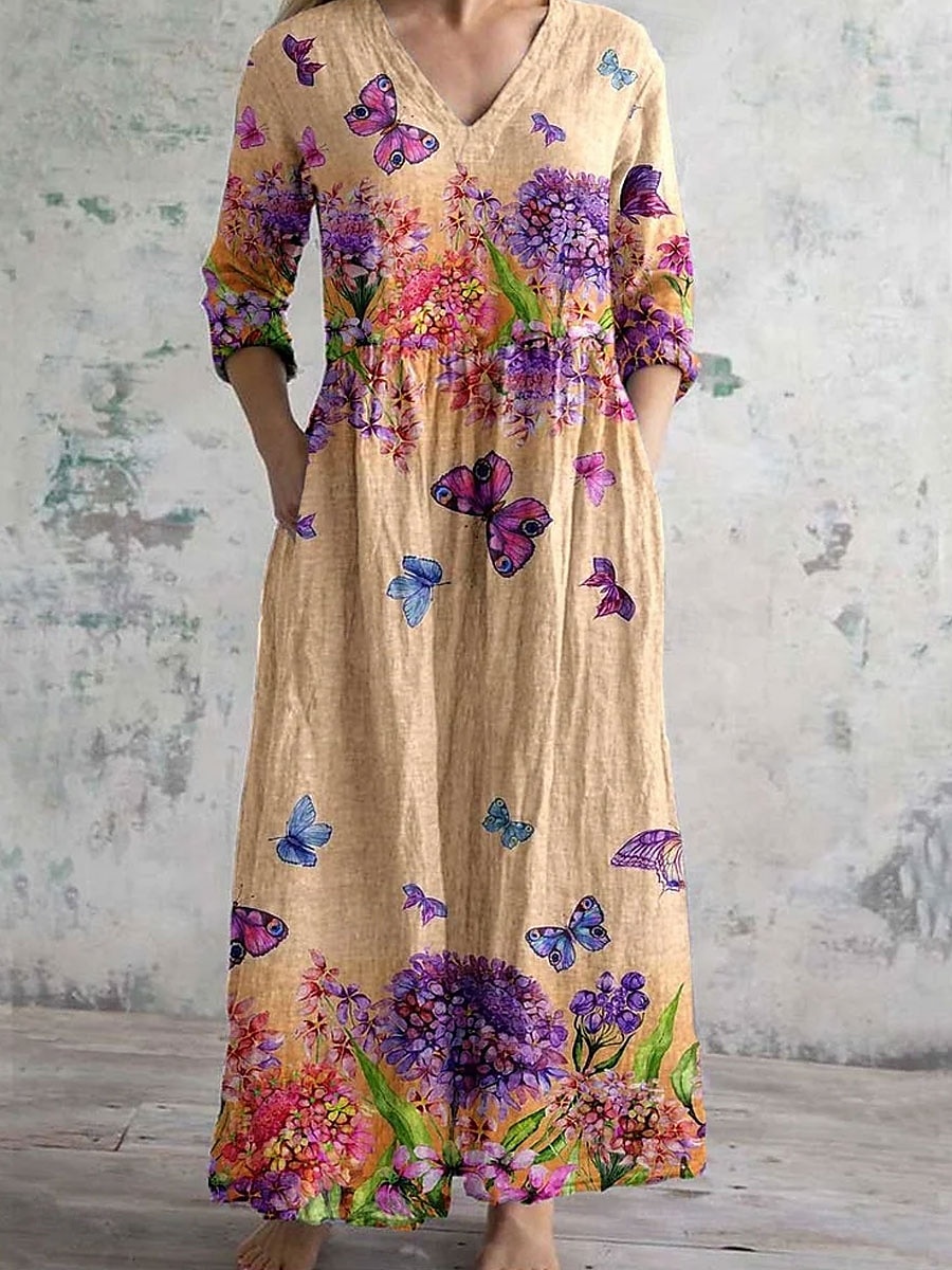 Femmes Robe Midi Robe trapèze Robe d'été Élégant Bohème Ethnique Coupe Ample Fleuri Graphique Manche 3/4 Col en V Jaune Rouge Kaki Été de 2025 ? $35.99 –P1