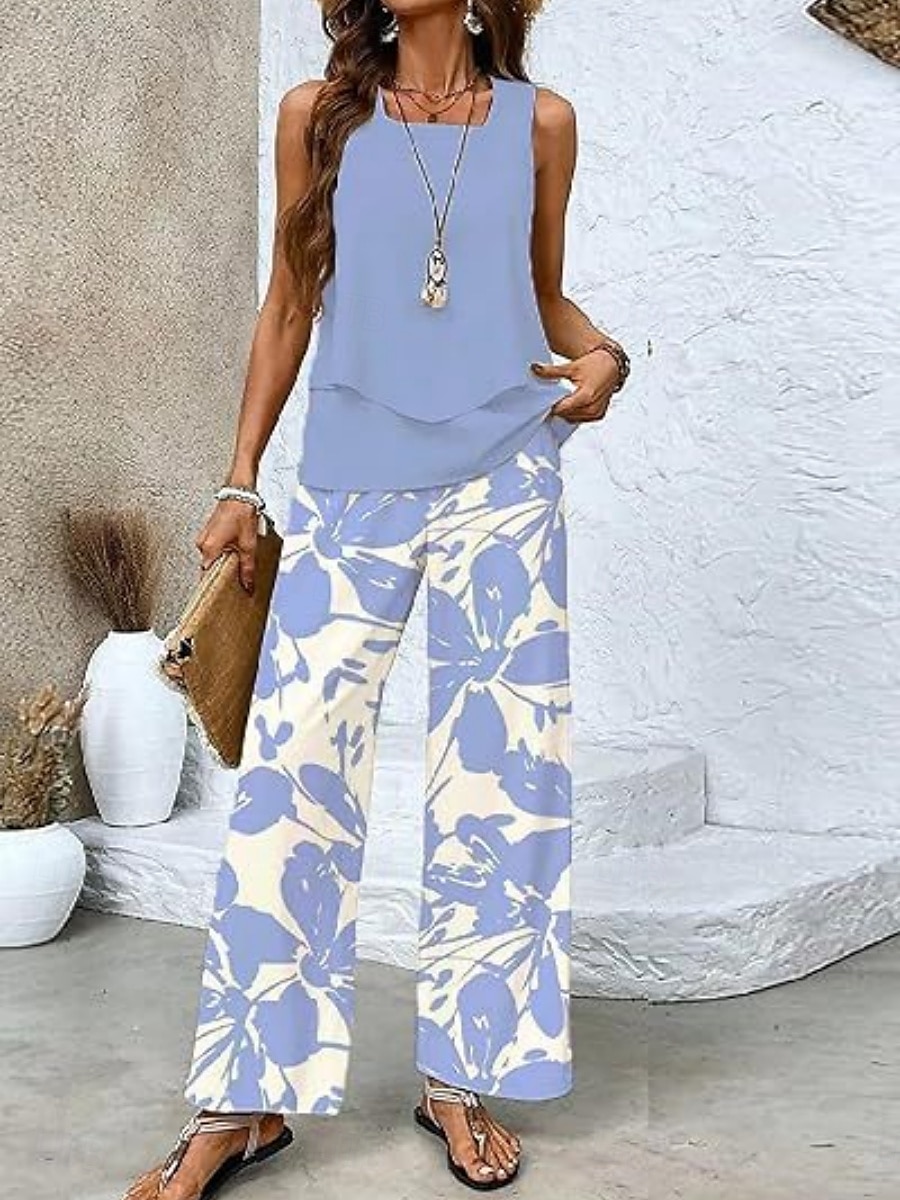 Ensembles de pantalons de mode 2 pièces pour femmes streetwear quotidiens camis sans manches col carré impression graphique florale décontracté extérieur quotidien blanc bleu marine bleu royal été de 2025 ? $43.99 –P3