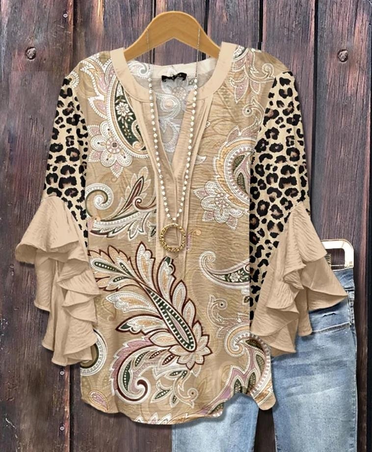 Women's Retro Blouse Layered Ruffle Sleeve Tops Vintage Floral Graphic Bohemia Vintage Daily 3/4 Length Sleeve V Neck Regular Tops Daily Holiday Vacation Wear Print Blue Khaki Summer Spring Fall 2025 - $29.99 –P2