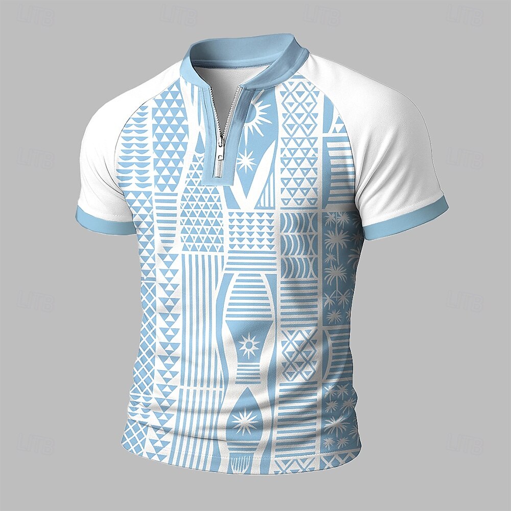Men's Graphic Zip Polo Short Sleeve Stand Collar Modern Leisure Athleisure Casual Daily Zipper 3D Print Summer Robin's Egg Blue White Blue White 2025 - $20.99 –P1