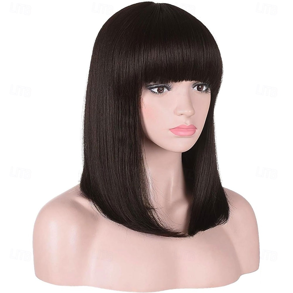 2026年 女性用ミディアムロングヘアウィッグ、ダークブラウンボブウィッグ、フリンジ付き、ナチュラルストレートヘアウィッグ、ハロウィン仮装コスプレ用16インチ  コレクション – $24.99 –P5