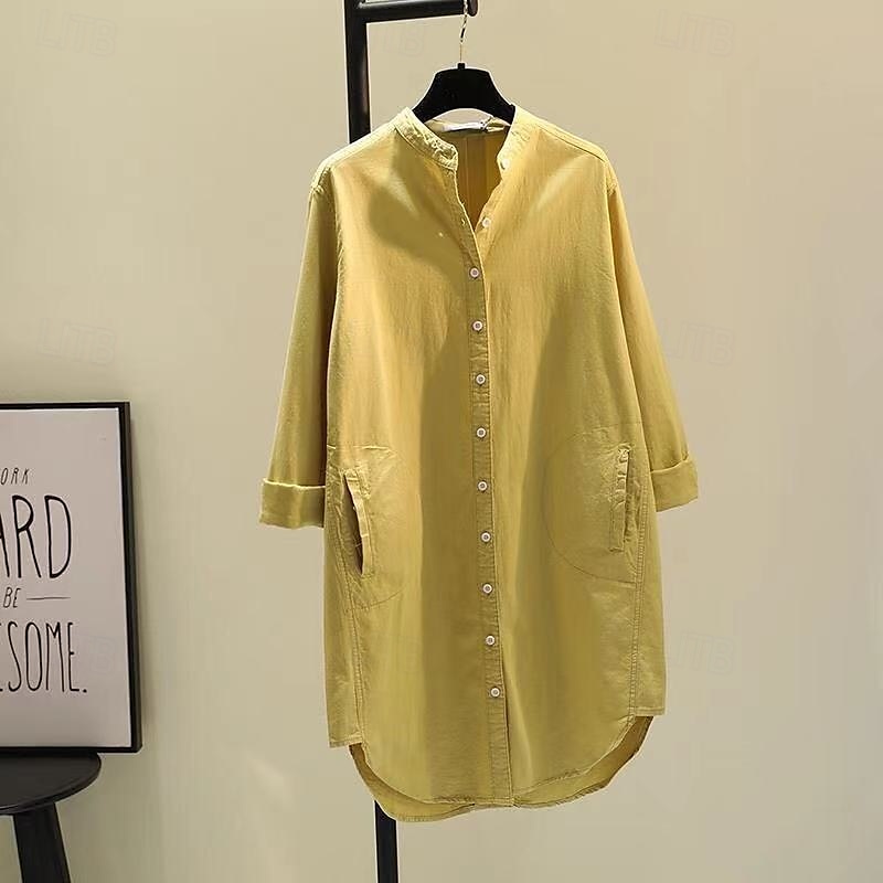 Mujer Camisa Camisas de algodón y lino Blusa Plano Moderno Casual Manga Larga Escote en Pico Tops largos Festivos Noche Botones Bolsillo Blanco Amarillo Rosa Verde Trébol Verano 2025 - $28.99 –P5