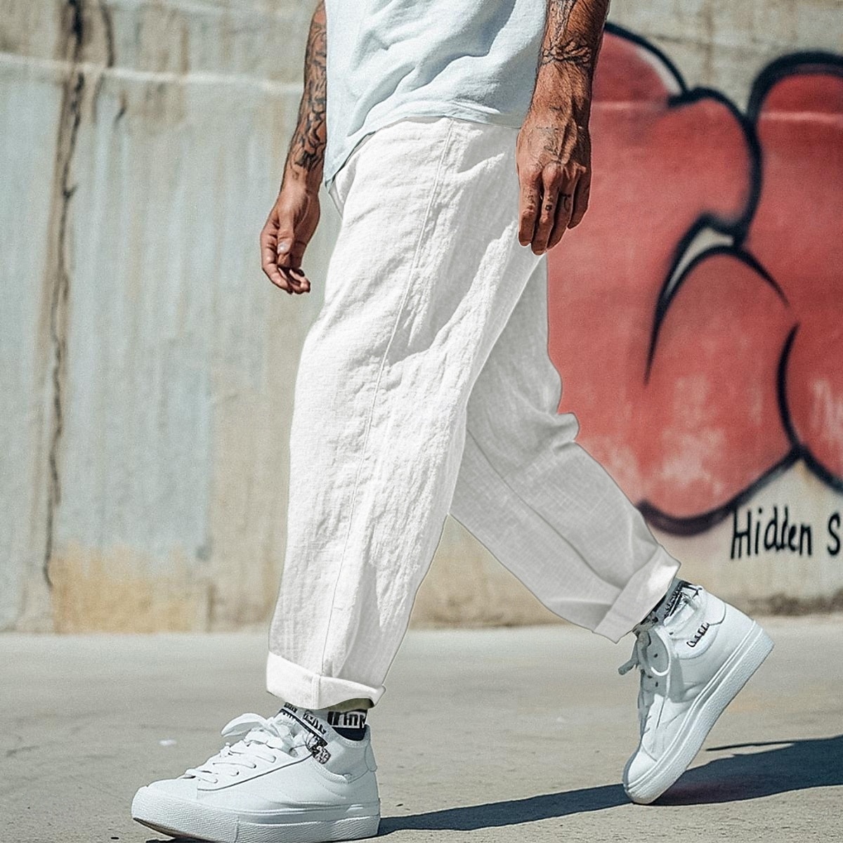 Men's Linen Pants Trousers Summer Pants Baggy Pants Beach Pants Drawstring Elastic Waist Straight Leg Plain Comfort Breathable Full Length Casual Daily Holiday Vacation Fashion Black White 2025 - $20.99 –P6