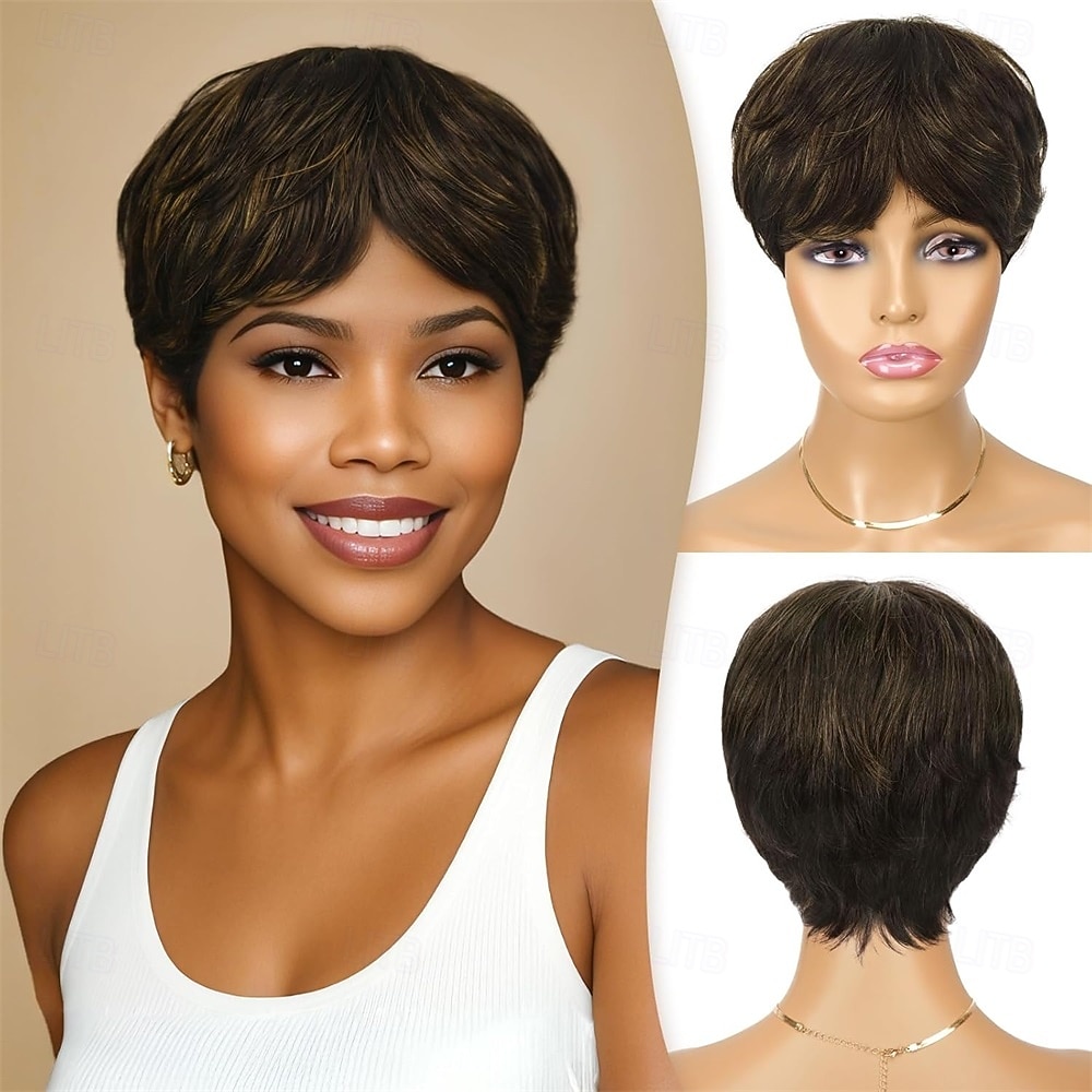 Pixie-cut peruk syntetisk peruk för svarta kvinnor med lugg naturlig kort svart peruk lager-på-lager vågig olika stilar korta peruker för svarta kvinnor 2026 - $24.99 –P3