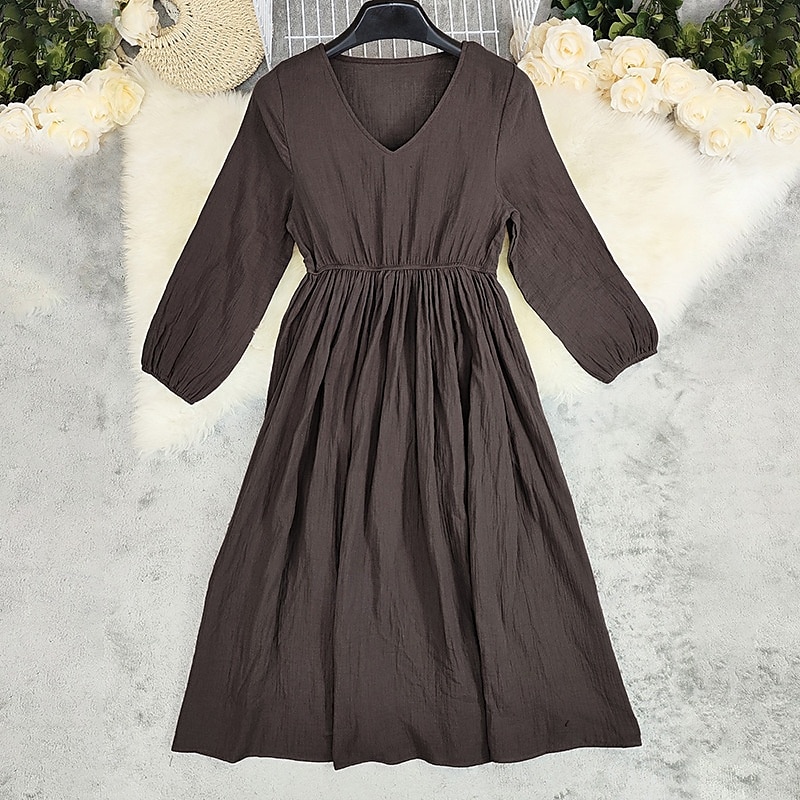 Damen Midikleid Freizeitkleid Baumwoll-Leinenkleid Mode Modern Urlaub Täglich Ferien Normale Passform Einfach Langarm V Ausschnitt Braun Sommer 2025 - $29.99 –P2