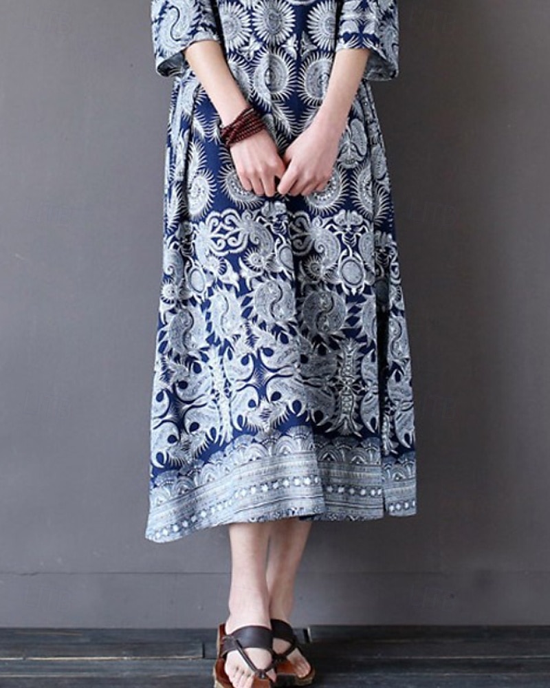 Femmes Robe Midi Robe en coton et lin Robe Fleurie Robe bohème Robe Imprimée Mode Classique Extérieur Vacances Fête Coupe régulière Fleur Manche 3/4 Col ras du cou Bleu clair Été de 2025 ? $23.99 –P3