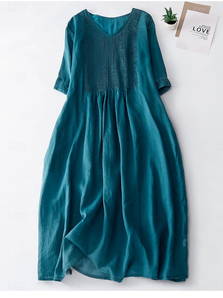 Rochie midi din bumbac și in pentru femei, rochie tip A, rochie de vară, casual, croială regulată, simplă, mânecă scurtă, guler rotund, alb, albastru, violet, verde, vară 2025 - $38.99 –P3