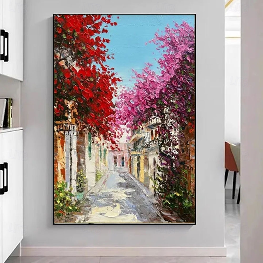 Hand-Painted Mediterranean Alley Oil Painting - Blooming Bougainvillea  Golden forest oil painting handmade autumn oil painting landscape paintings  Wall Art for Living Room Decor 2025 - $77.99 –P4