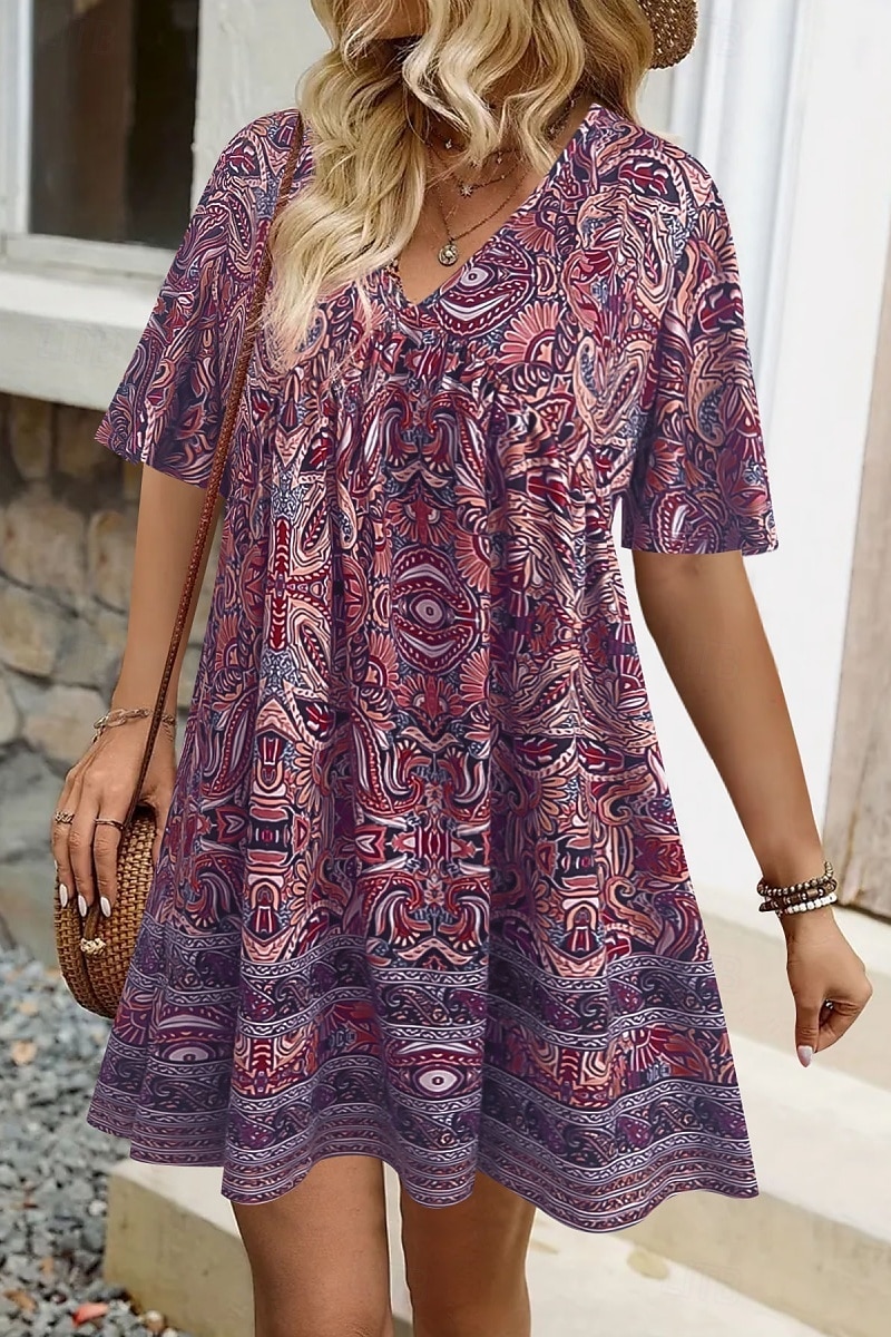 Damskie Sukienka mini Sukienka A line Letnie sukienki Urlop Codzienny Boho Codzienny Święto Regularny W Tureckie Wzory Krótki rękaw W serek Żółty Fioletowy Lato 2025 - $31.99 –P8