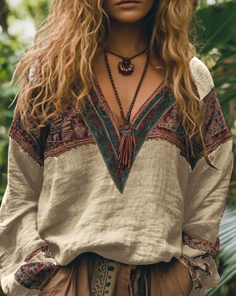 Women's Cotton Linen Shirts Boho Shirt Blouse Flower Modern Boho Long Sleeve V Neck Regular Tops Holiday Going out Print Black Red Orange Dark Gray Apricot Summer 2025 - GBP £19.99 –P5