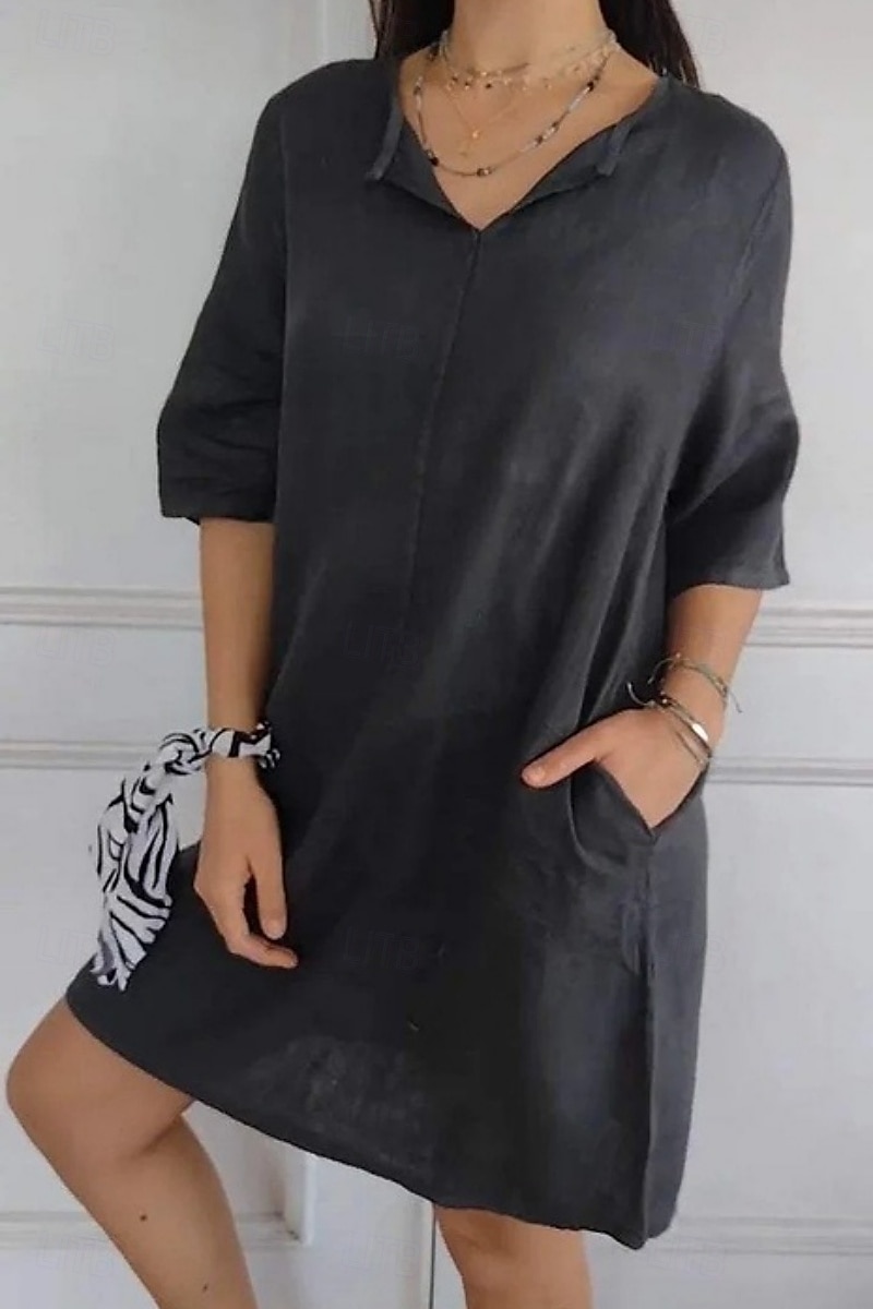 Femmes Mini Robe Robes en coton et lin Robe Décontractée Robe d'été Basique Moderne Quotidien Week-end Coupe régulière Uni Manche 3/4 Col en V Noir Blanche Marron Gris Été de 2025 ? $22.99 –P7