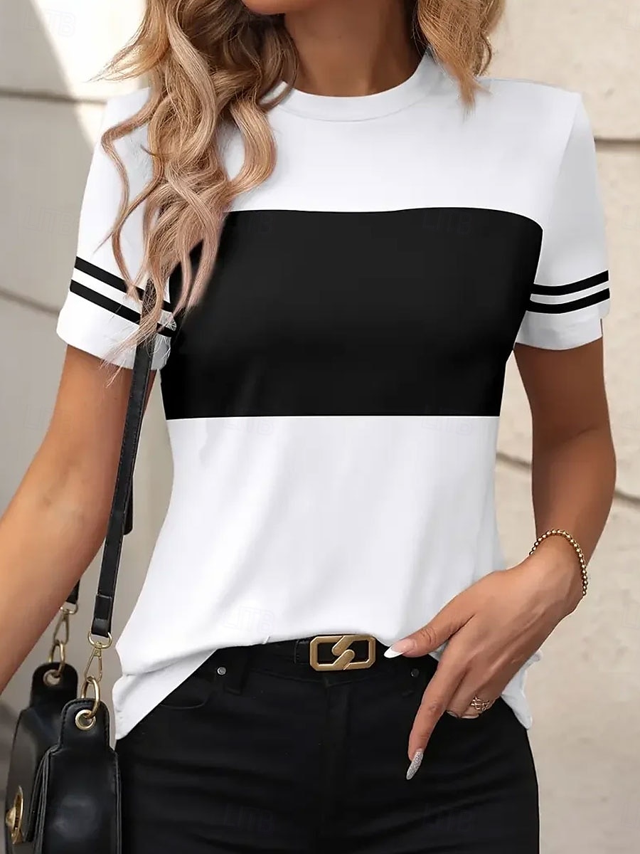 Femmes T-shirt Graphique Rayé ancien Élégant Classique Manche Courte Col ras du cou Hauts Réguliers Quotidien Week-end Imprimé Noir Blanche Été de 2025 ? $19.99 –P1